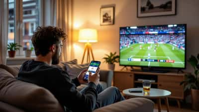 Nederlandse man op bank met smartphone en sportweddenschappen app Eredivisie