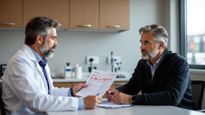 Homme en consultation médicale avec un médecin qui examine les résultats d'une analyse hormonale