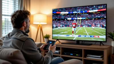 Man adjusting home Wi-Fi router with NFL football game visible on television in living room background