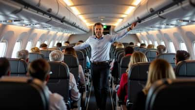 Passager debout s'étirant dans le couloir étroit d'une cabine d'Airbus A321 pendant un vol long-courrier