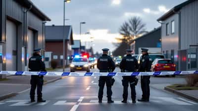 Politiafspærring med blå blink i industrikvarter i Nørresundby efter skyderi, betjente på gaden