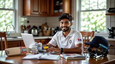 Young Canadian cricketer in batting pads doing math homework at a kitchen table with a cricket bat beside him