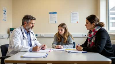 NHS psychiatrist consulting with parent and child about ADHD assessment in a consultation room