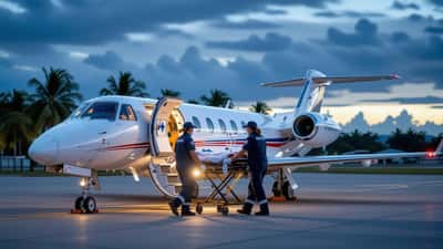 Ambulanzflugzeug auf tropischem Flughafen in Thailand, Sanitäter verladen einen Patienten auf einer Trage