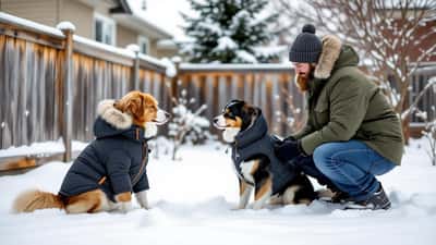 Dog in a fitted winter coat in a snowy Canadian backyard as its owner checks its paws during a cold snap