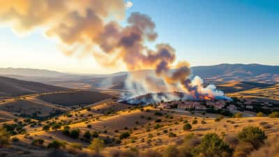 Aerial view of smoke rising from a 2026 wildfire on a dry Spanish hillside near a village