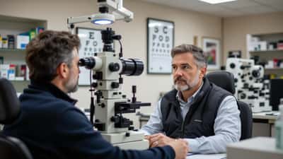 A man in his thirties having his eyes tested at a phoropter in a UK opticians