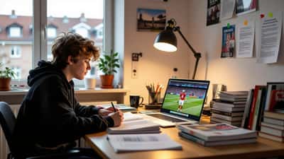 Dansk teenager laver lektier ved skrivebord med fodboldkamp på computeren