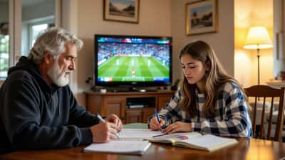Un adolescent trace la ligne de hors-jeu à la règle sur un ralenti de match, cahier de géométrie à côté