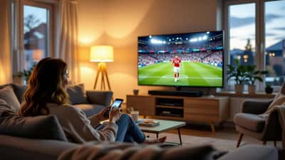 Person i soffa tittar på Allsvenskan-match på en stor tv med soundbar i ett svenskt vardagsrum