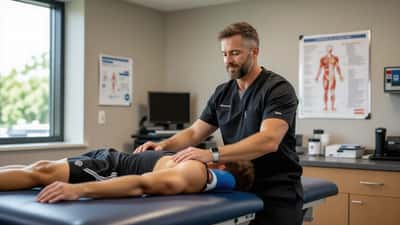 Physiotherapist assessing hamstring flexibility of recreational soccer player in a Canadian sports medicine clinic