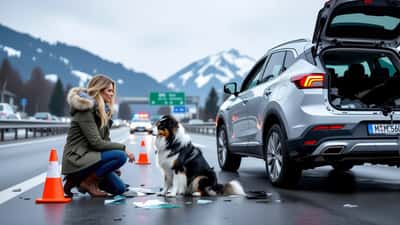 Femme vérifiant son chien dans le coffre d'un SUV après un accident sur l'autoroute A4 en Suisse