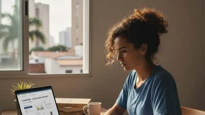 Jovem brasileira estudando para o ENEM em casa com cadernos e laptop