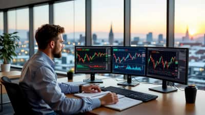 Investisseur suisse analysant les performances d'ETF spatiaux sur deux écrans de trading dans un bureau de Zurich, semaine mondiale de l'espace 2026