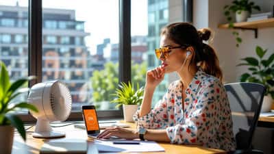 Employee at hot office desk with USB fan, phone showing amber heat alert, afternoon sun streaming through London office windows
