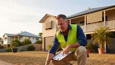 Building inspector examining crack in brick wall foundation of Australian home after earthquake tremor