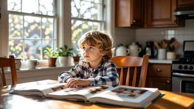 Mixed-heritage child looking at two family photo albums at kitchen table, golden light, documentary press photo