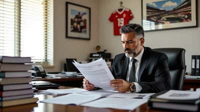 Sports attorney reviewing FIFA player contract at law office in Tijuana, Club Tijuana jersey on wall