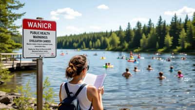 Parent lisant un avertissement sanitaire au bord d'un lac canadien en été