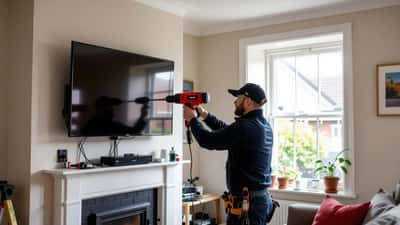Tradesperson installing a TV wall mount bracket on a chimney breast in a UK living room