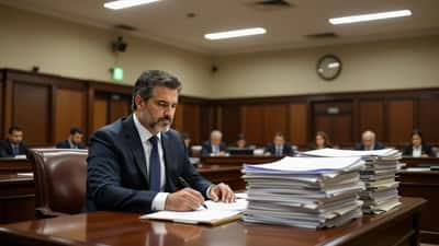 Abogado defensor revisando expediente criminal en sala de un tribunal con documentos legales y mazo de juez sobre la mesa