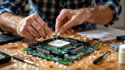 Mains appliquant de la pâte thermique sur un processeur, outils de précision visibles sur un bureau dans un appartement de Lyon