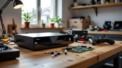 Elektronik-Techniker repariert eine Xbox-Spielkonsole auf einer Werkbank