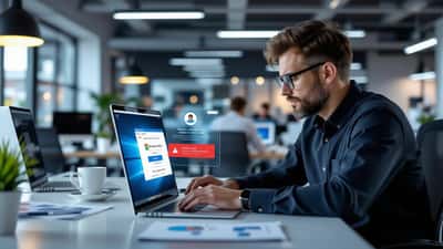 Especialista en TI revisando una alerta de phishing en Microsoft 365 en una oficina moderna