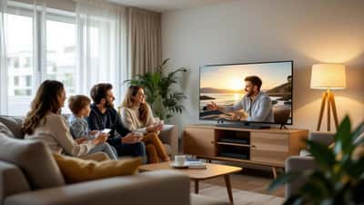 Família portuguesa a ver uma novela da SIC na televisão, com expressões de emoção
