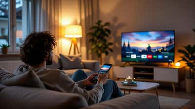 Person schaut SAT.1 über die Joyn-Streaming-App auf einem Smart-TV im Wohnzimmer