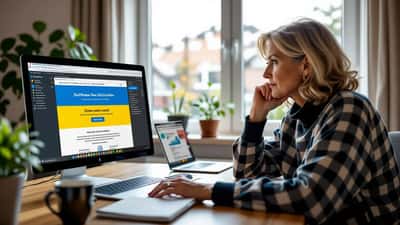 Bezorgde vrouw achter laptop met een valse Oekraïne-donatiesite en phishingmail