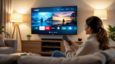 Kvinde streamer DR1 via DRTV-app på et smart-tv i en dansk stue