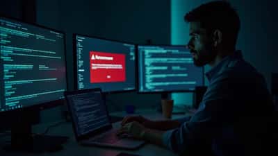 Responsabile IT italiano di fronte a un allarme ransomware sul computer in un ufficio di Milano