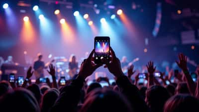 Person at a Toronto concert holds up smartphone to film the audience, coloured stage lights in background