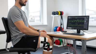 Atleta amador em reabilitação com joelheira inteligente e eletroestimulador numa clínica de fisioterapia