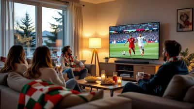 Canadian fans watching Mexico vs South Korea World Cup 2026 match on a 4K TV in a living room