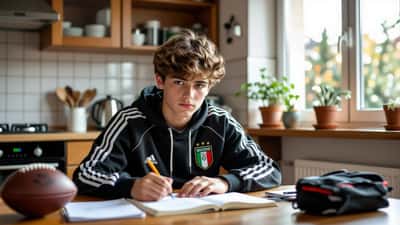 Giovane calciatore in tenuta da allenamento che studia sui libri di scuola al tavolo di casa