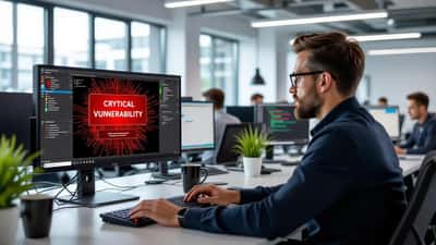 Professionnel IT consultant son écran Windows avec alertes de sécurité critiques dans un bureau parisien