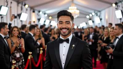 Young Latino comedian in formal black suit at a gala red carpet event with camera flashes