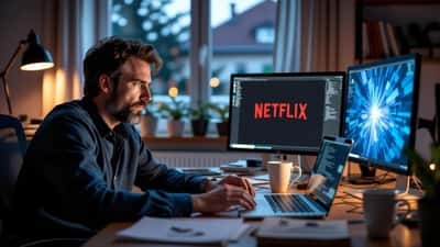 Mann am Laptop mit verdächtiger Netflix-Anmeldeseite im Home Office