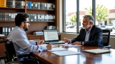 Man in wheelchair consulting with civil rights attorney at Tucson law office, legal documents on table