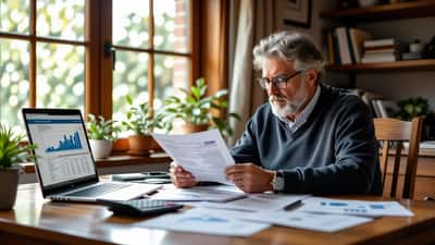 Homem de 58 anos a rever documentos de pensão e gráficos de investimento num computador portátil em casa