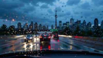 Voiture roulant sous un violent orage estival sur une autoroute inondée de Toronto en 2026