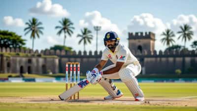 Wicketkeeper indien en tenue blanche se préparant à recevoir la balle au stade de Galle, Sri Lanka, fort historique en arrière-plan