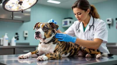 Veterinarian examines rescued pit bull mix from dogfighting seizure in Oklahoma clinic