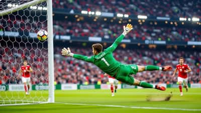 Goleiro se lançando para o canto do gol durante uma cobrança de pênalti em estádio à noite