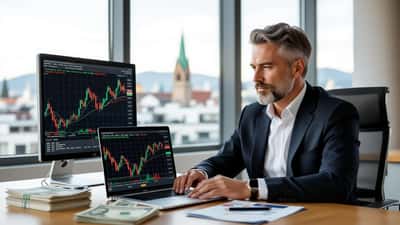 Österreichischer Anleger analysiert EUR/JPY-Wechselkurschart auf Laptop mit japanischen Yen-Scheinen auf dem Schreibtisch