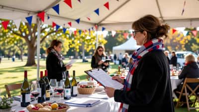 Event organiser under a marquee checking a liquor licence and insurance forms at an Australian Bastille Day gathering