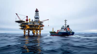 Offshore olje- og gassplattform i Nordsjøen på grå sjø med et forsyningsfartøy i bakgrunnen