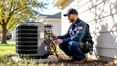 HVAC technician installing a heat pump unit outside a suburban home in Austin Texas, checking connections in afternoon sunlight